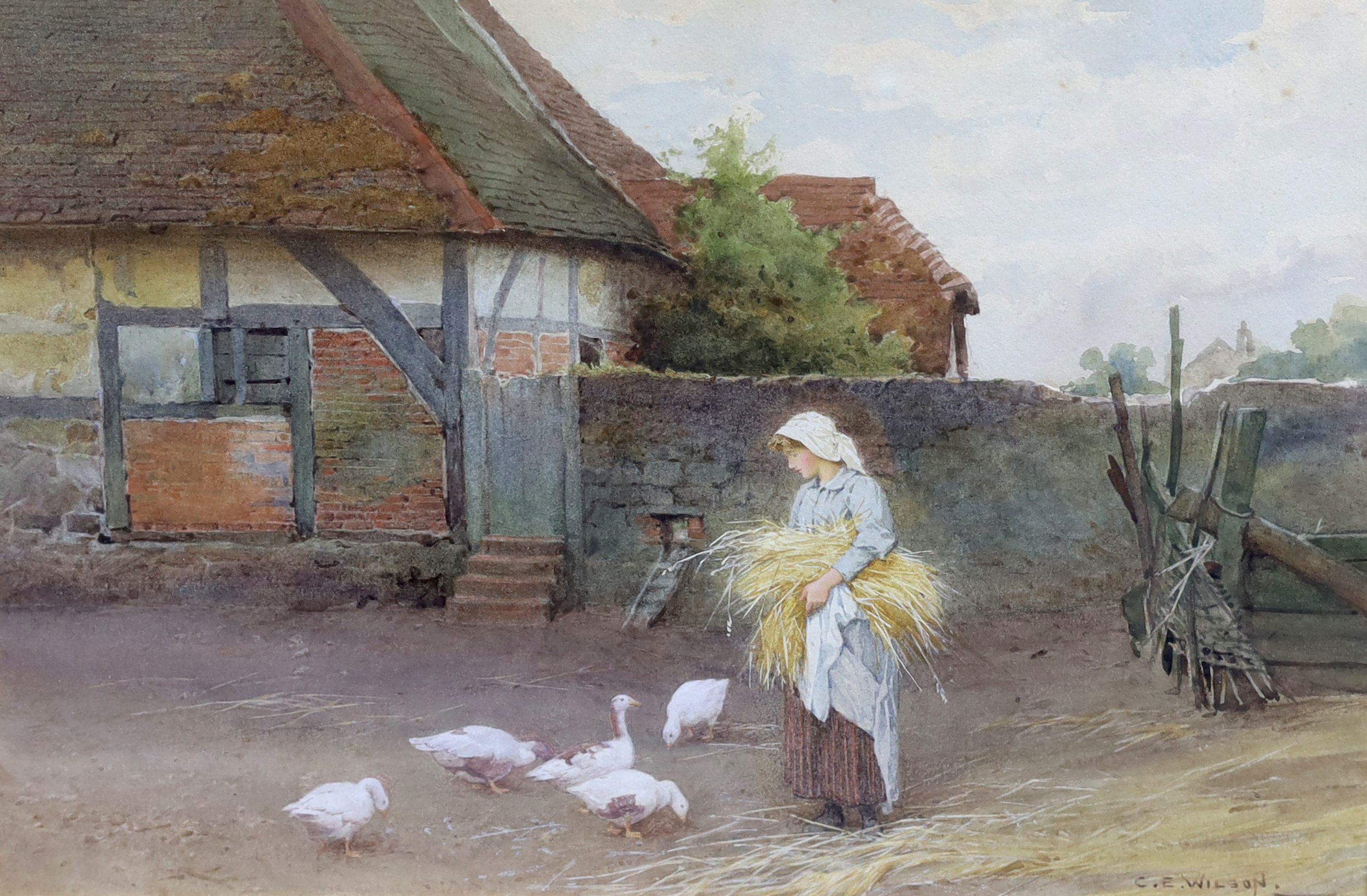 Charles Edward Wilson (English, 1854-1941), 'Gleanings' and 'The Orphans', watercolours, a near pair, 25 x 37cm and 26 x 37cm